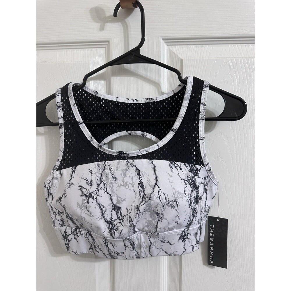 Jessica Simpson THE WARMUP Sports Bra L Marble Print Black White Racerback
